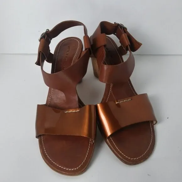 AGL T-Strap Slingback Handmade Sandals Brown Copper Patent Stacked Heel Size 40