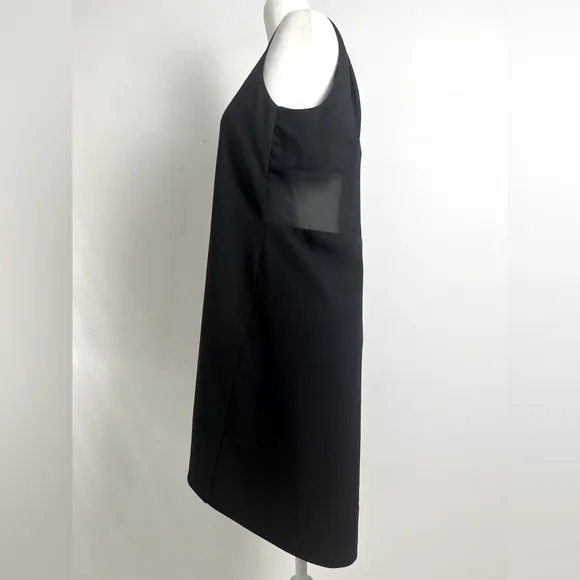 Aijek Black Minimalist Sheer Panel Sleeveless Hi-Lo Hem Knee Length Shift Dress