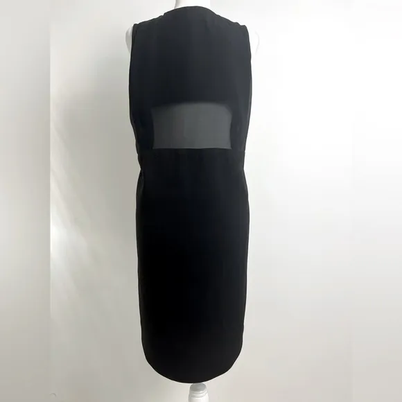 Aijek Black Minimalist Sheer Panel Sleeveless Hi-Lo Hem Knee Length Shift Dress