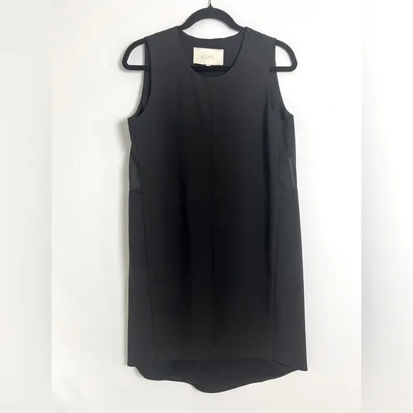 Aijek Black Minimalist Sheer Panel Sleeveless Hi-Lo Hem Knee Length Shift Dress