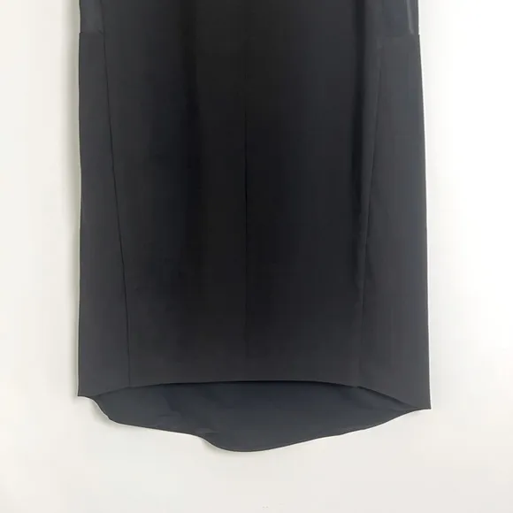 Aijek Black Minimalist Sheer Panel Sleeveless Hi-Lo Hem Knee Length Shift Dress