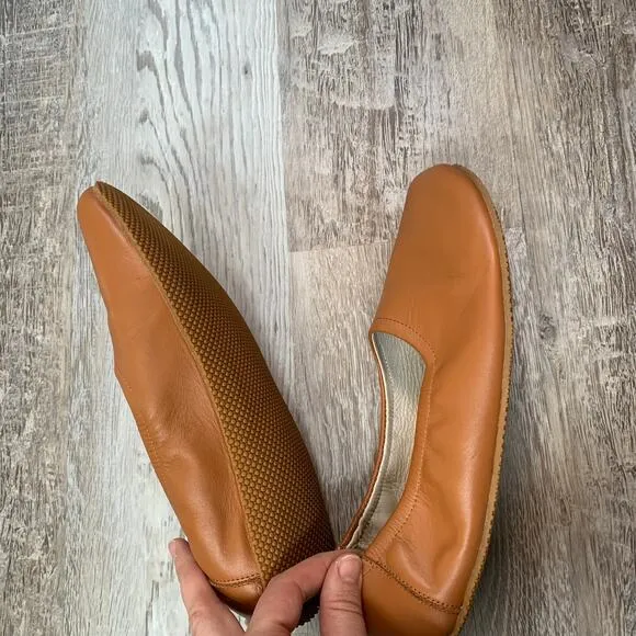 Aintap Brown Handmade Smooth Leather Barefoot Ballet Flat Shoes- Size 11