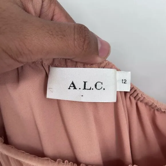 A.L.C Womens One Shoulder Silk Maxi Tiered Dress Size 12 In Peach Luxury Dainty
