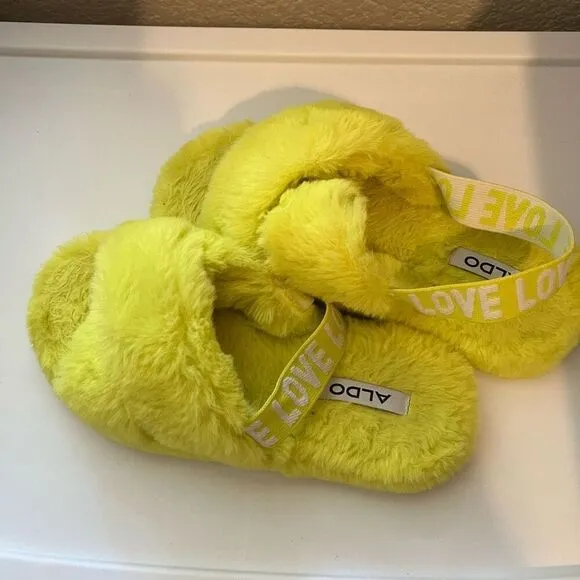 ALDO neon yellow slippers furry slides size M