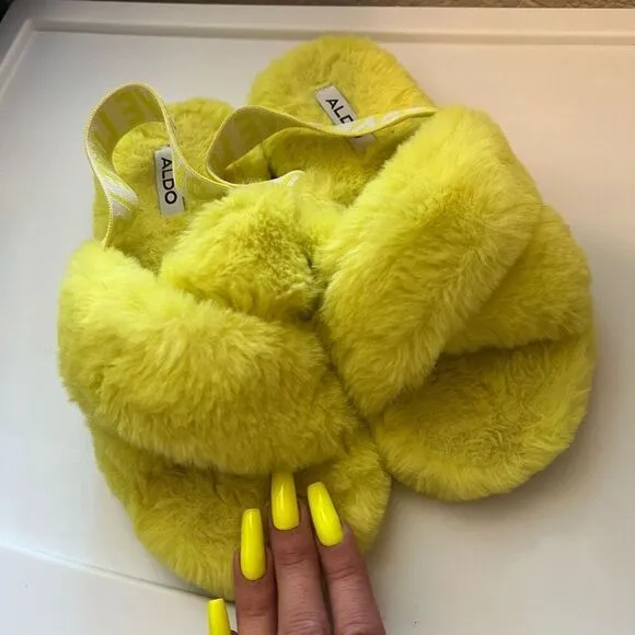 ALDO neon yellow slippers furry slides size M