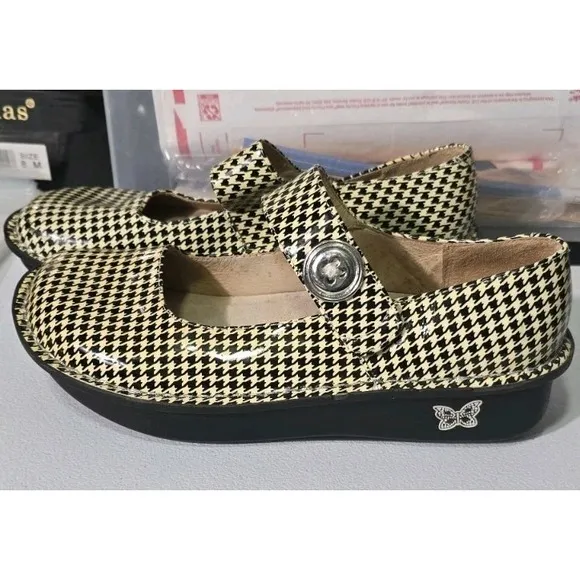 Alegria Paloma Houndstooth Leather Mary Jane Shoes Yellow Black 38 8/8.5