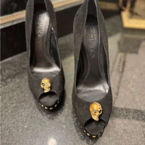 Alexander McQueen Black Skull Peep-Toe Heels