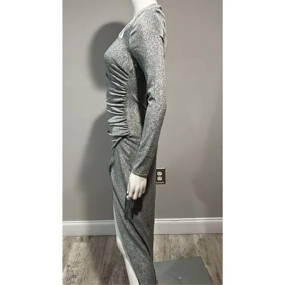 Alexis Admor Cutout Silver Ruched Shimmer Gown Size Small