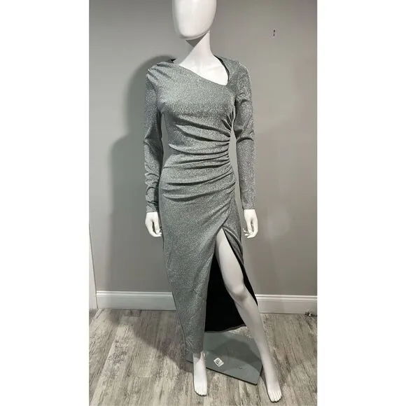 Alexis Admor Cutout Silver Ruched Shimmer Gown Size Small