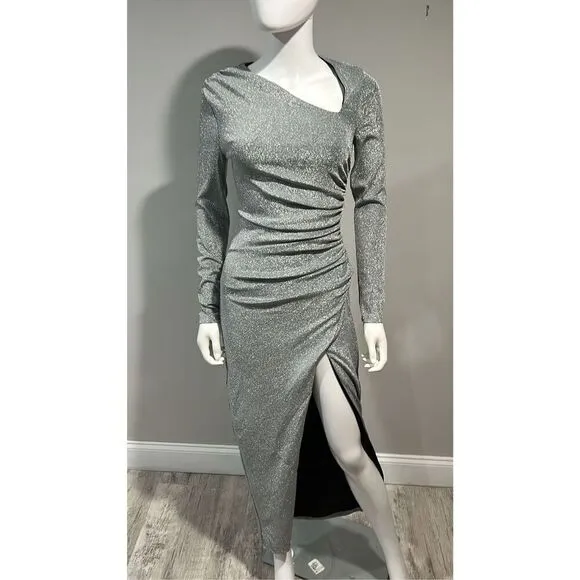 Alexis Admor Cutout Silver Ruched Shimmer Gown Size Small