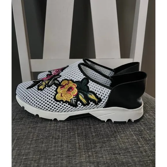 All Black Dressy Sporty Mesh Floral Applique Leather Slip On Sneakers Size 40