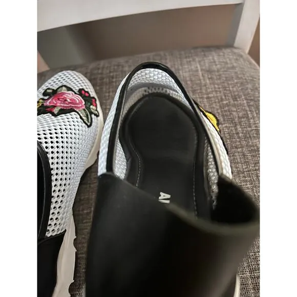 All Black Dressy Sporty Mesh Floral Applique Leather Slip On Sneakers Size 40