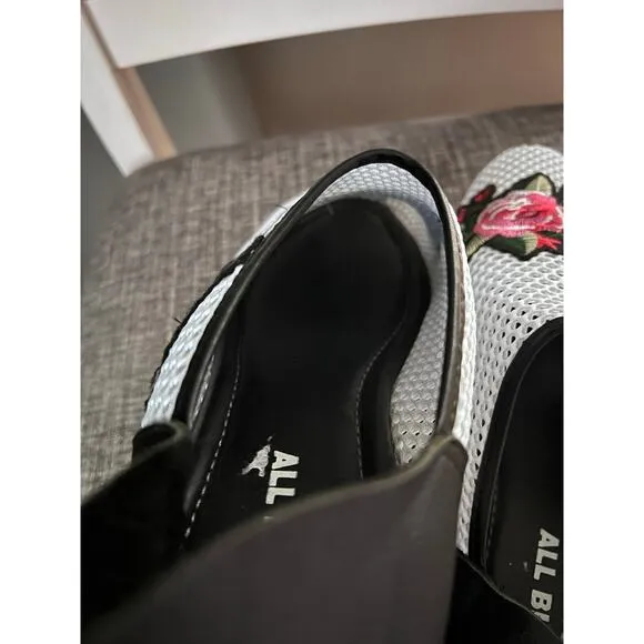All Black Dressy Sporty Mesh Floral Applique Leather Slip On Sneakers Size 40