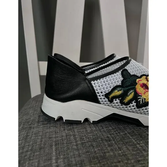 All Black Dressy Sporty Mesh Floral Applique Leather Slip On Sneakers Size 40