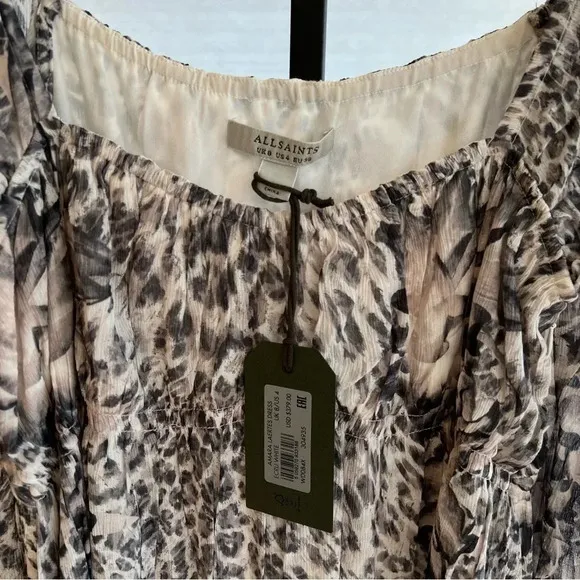 All Saints Amara Laertes Midi Dress Grey Ecru Cheetah 4 NWT Spring Neutral Chic