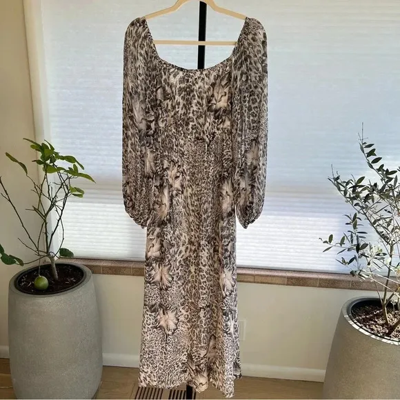 All Saints Amara Laertes Midi Dress Grey Ecru Cheetah 4 NWT Spring Neutral Chic