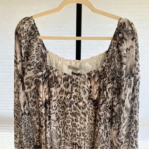 All Saints Amara Laertes Midi Dress Grey Ecru Cheetah 4 NWT Spring Neutral Chic