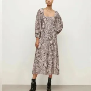 All Saints Amara Laertes Midi Dress Grey Ecru Cheetah 4 NWT Spring Neutral Chic