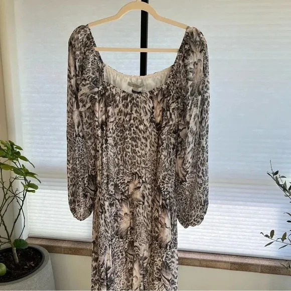 All Saints Amara Laertes Midi Dress Grey Ecru Cheetah 4 NWT Spring Neutral Chic