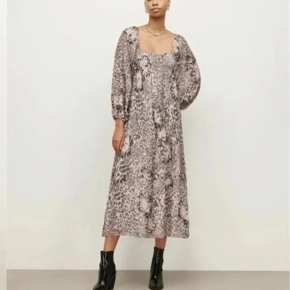 All Saints Amara Laertes Midi Dress Grey Ecru Cheetah 4 NWT Spring Neutral Chic