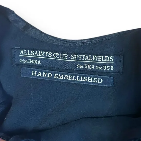 AllSaints Spitalfields Hand Embellished Dress Black Blue Size 0 Designer Holiday