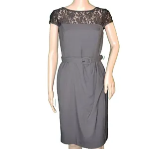 Anne Klein Gray Neutral Minimalist Lace Belted Sheath Office Dress XS 2