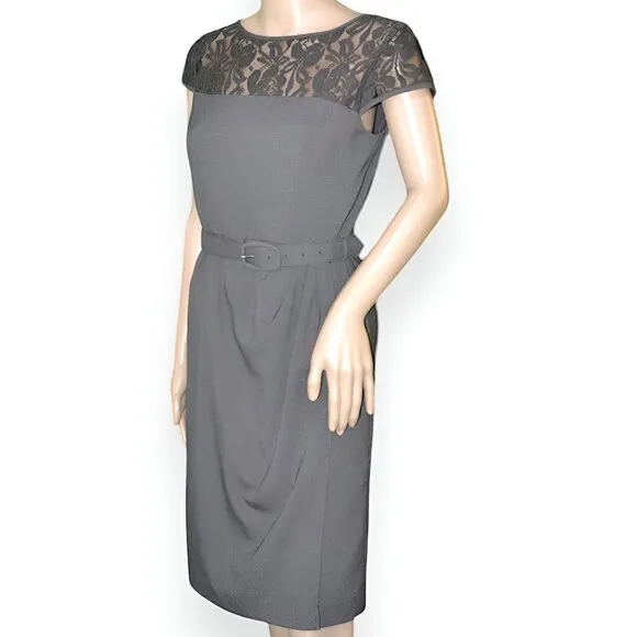 Anne Klein Gray Neutral Minimalist Lace Belted Sheath Office Dress XS 2