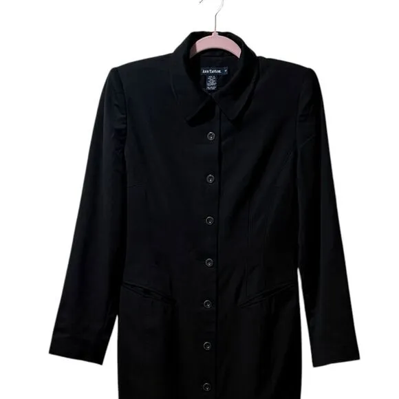 Ann Taylor 100% wool luxury lined black button up front pockets coat dress