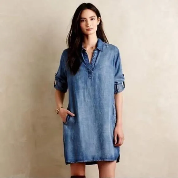 Anthropologie Cloth &amp; Stone Minimalist Coastal Elena Chambray Denim Dress S/M