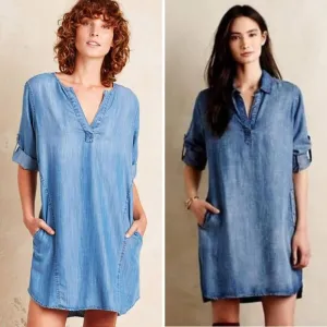 Anthropologie Cloth &amp; Stone Minimalist Coastal Elena Chambray Denim Dress S/M