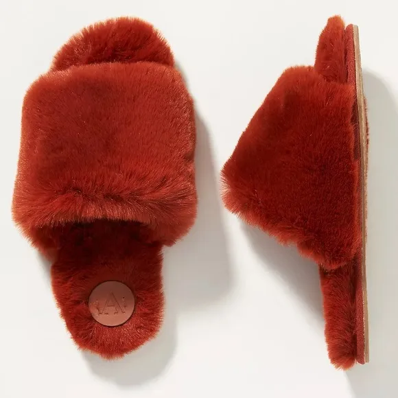 Anthropologie faux fur slippers plush slip on burnt orange M/L christmas gifts