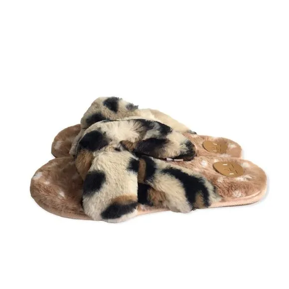 🆕Anthropologie Leopard Animal Print Faux Fur Slippers