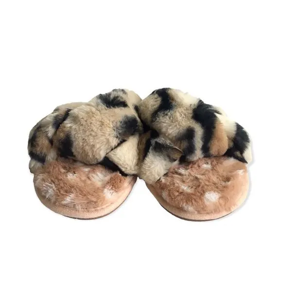 🆕Anthropologie Leopard Animal Print Faux Fur Slippers