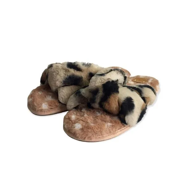 🆕Anthropologie Leopard Animal Print Faux Fur Slippers