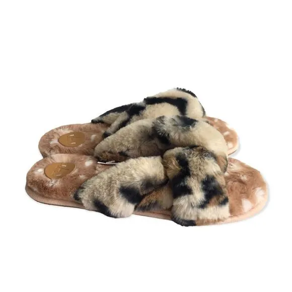 🆕Anthropologie Leopard Animal Print Faux Fur Slippers