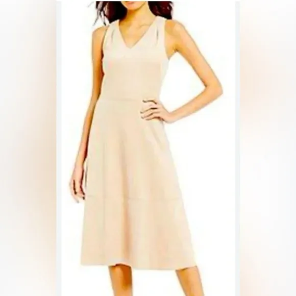 Antonio Melani Nude Minimalist Sleeveless V Neck A Line Midi Dress Womens