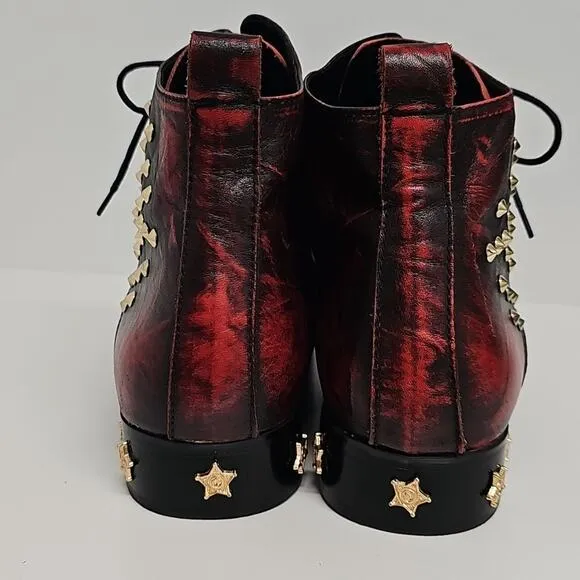 Aomi Shoes Lace Up Red Studded Leather Men's Ankle Boots Punk Rock Western Sz 10