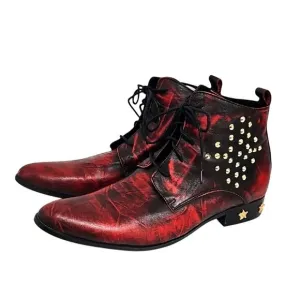 Aomi Shoes Lace Up Red Studded Leather Men's Ankle Boots Punk Rock Western Sz 10