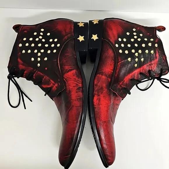 Aomi Shoes Lace Up Red Studded Leather Men's Ankle Boots Punk Rock Western Sz 10
