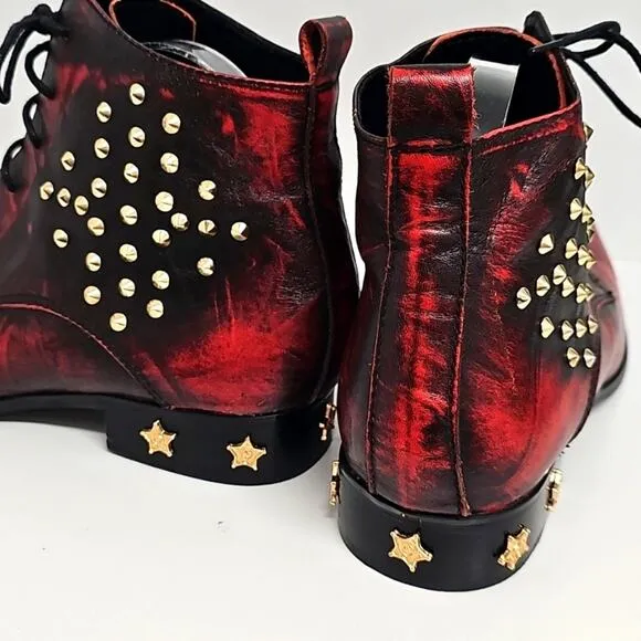 Aomi Shoes Lace Up Red Studded Leather Men's Ankle Boots Punk Rock Western Sz 10