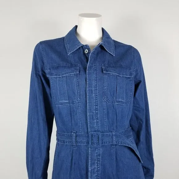 A.P.C. Indigo Chambray Denim Minimalist Cotton Knee Length Belted Shirt Dress M