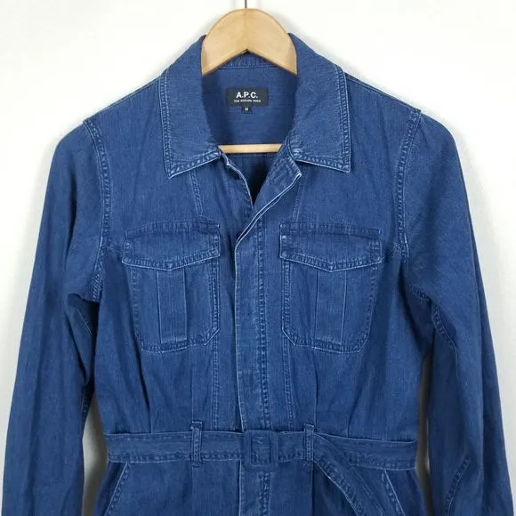 A.P.C. Indigo Chambray Denim Minimalist Cotton Knee Length Belted Shirt Dress M