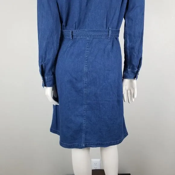 A.P.C. Indigo Chambray Denim Minimalist Cotton Knee Length Belted Shirt Dress M