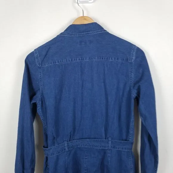 A.P.C. Indigo Chambray Denim Minimalist Cotton Knee Length Belted Shirt Dress M