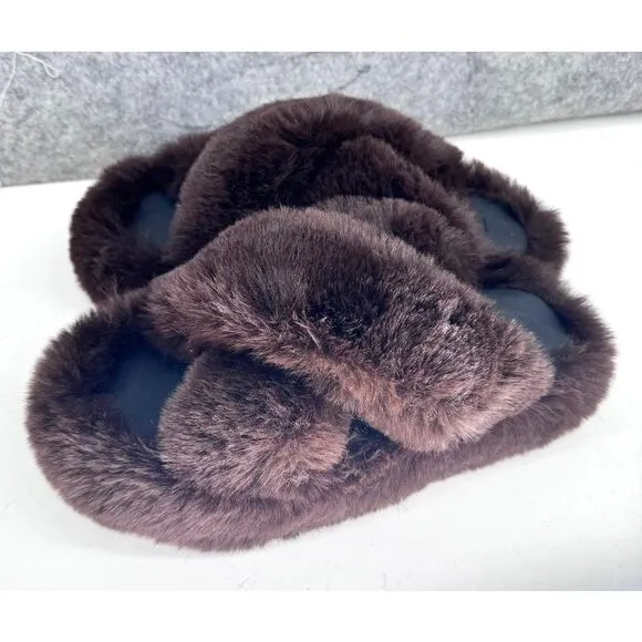 Apparis Biba Faux-Fur Crossover Slippers Size 9 Brown