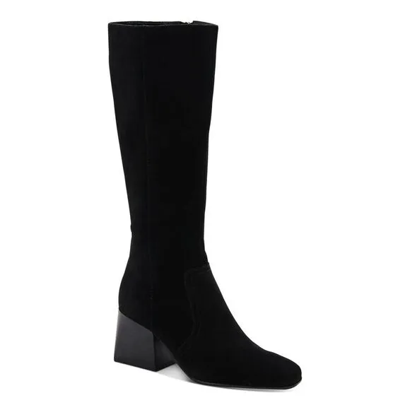 AQUA COLLEGE Womens Black Tori Square Toe Stacked Heel Suede Boots Shoes 5.5 M
