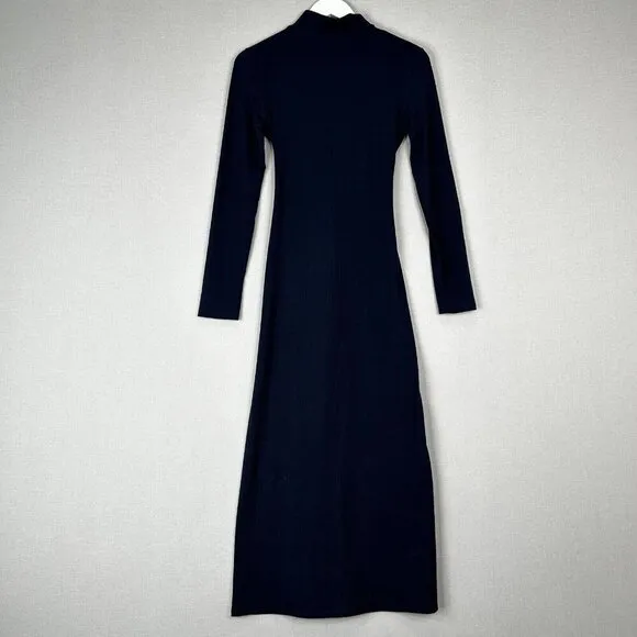Aqua Womens Dress Small Blue Midi Ribbed Mock Sweater Tie Knot Work Minimalist