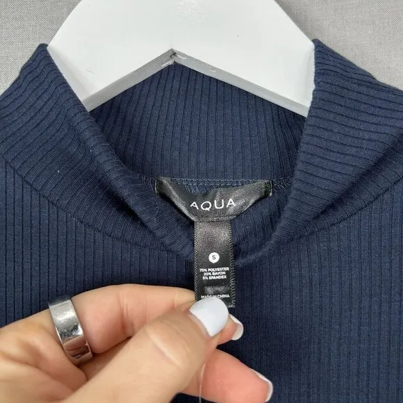 Aqua Womens Dress Small Blue Midi Ribbed Mock Sweater Tie Knot Work Minimalist