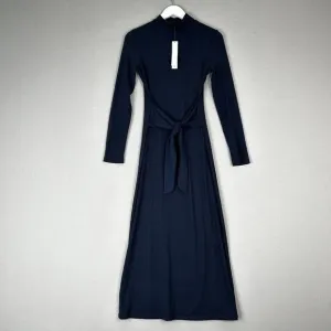 Aqua Womens Dress Small Blue Midi Ribbed Mock Sweater Tie Knot Work Minimalist
