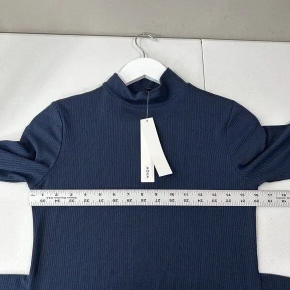 Aqua Womens Dress Small Blue Midi Ribbed Mock Sweater Tie Knot Work Minimalist